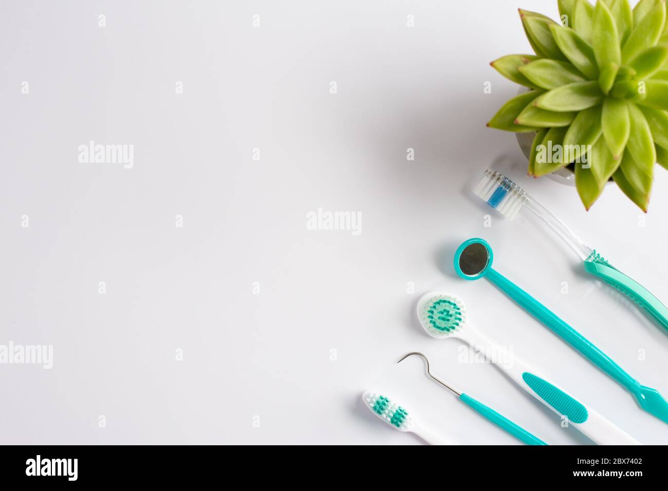Teeth dental care instruments on white background Stock Photo