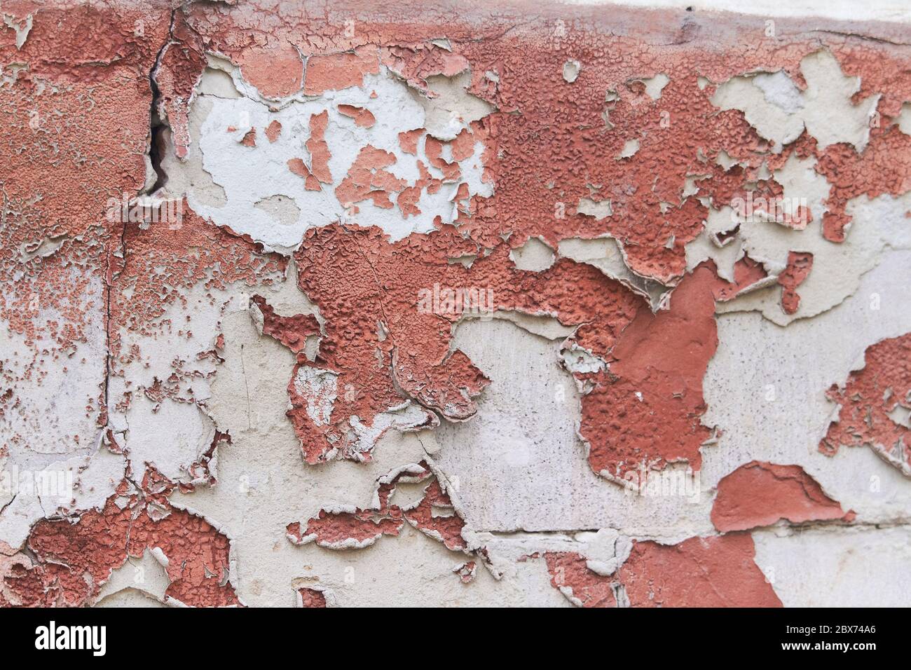 Old flaky cracked paint on gray wall, old paint background, selective focus Stock Photo