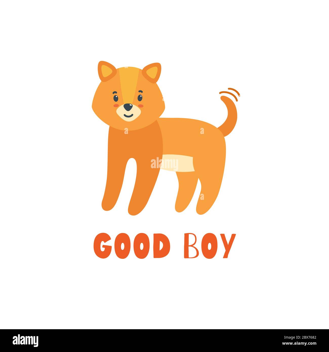 Cute puppy waving its tail. Good boy dog print with inscription. Vector