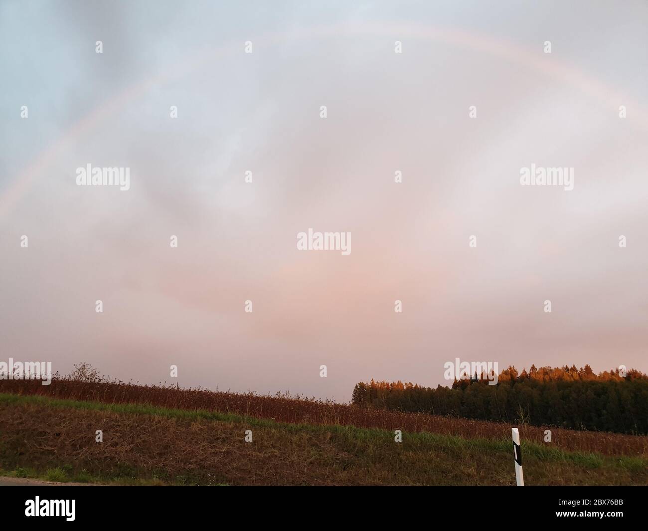 Rainbow and red clouds over the field Stock Photo