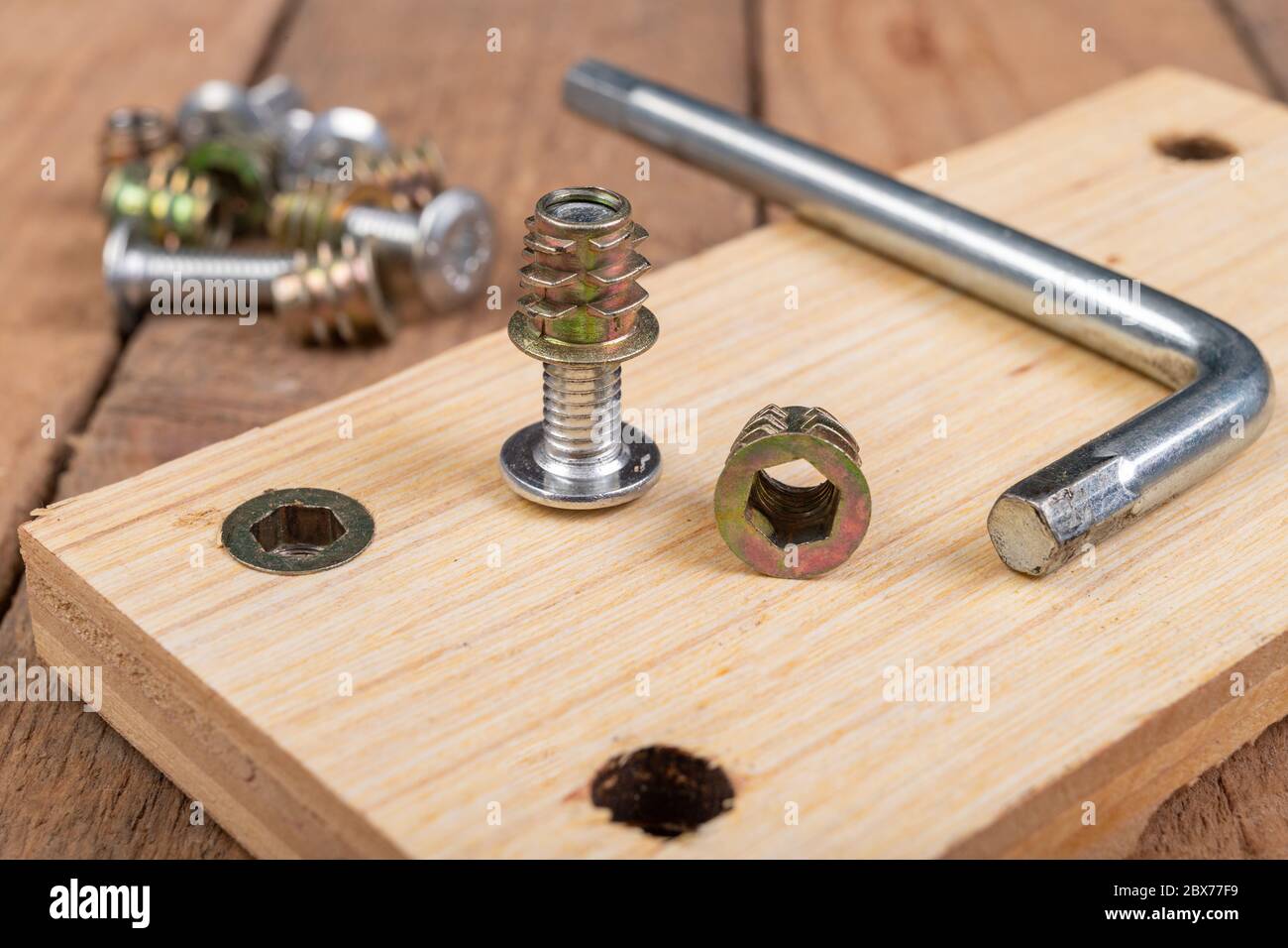 Special screws for joining wood. Carpentry accessories for building  furniture. Workplace - workshop Stock Photo - Alamy