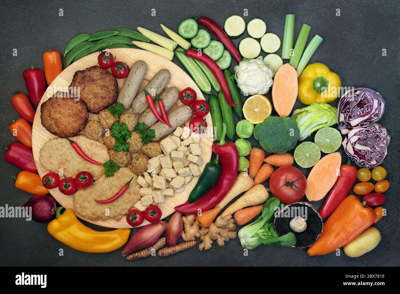 Healthy vegan super food diet with health foods of tofu meat