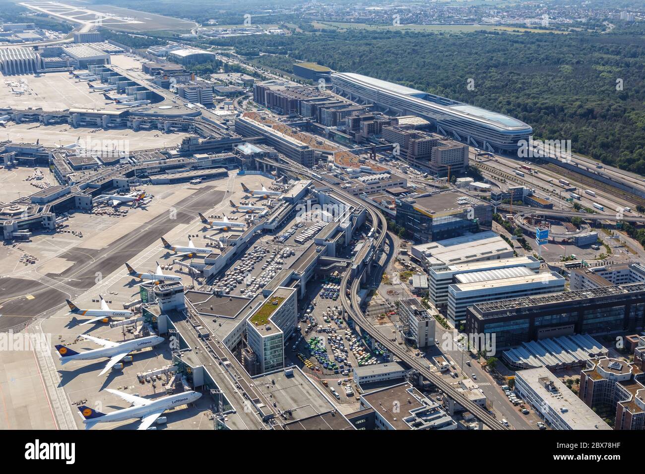 Frankfurt, Germany - May 27, 2020: Terminal 1 Lufthansa airplanes during Coronavirus at Frankfurt airport (FRA) in Germany. Stock Photo