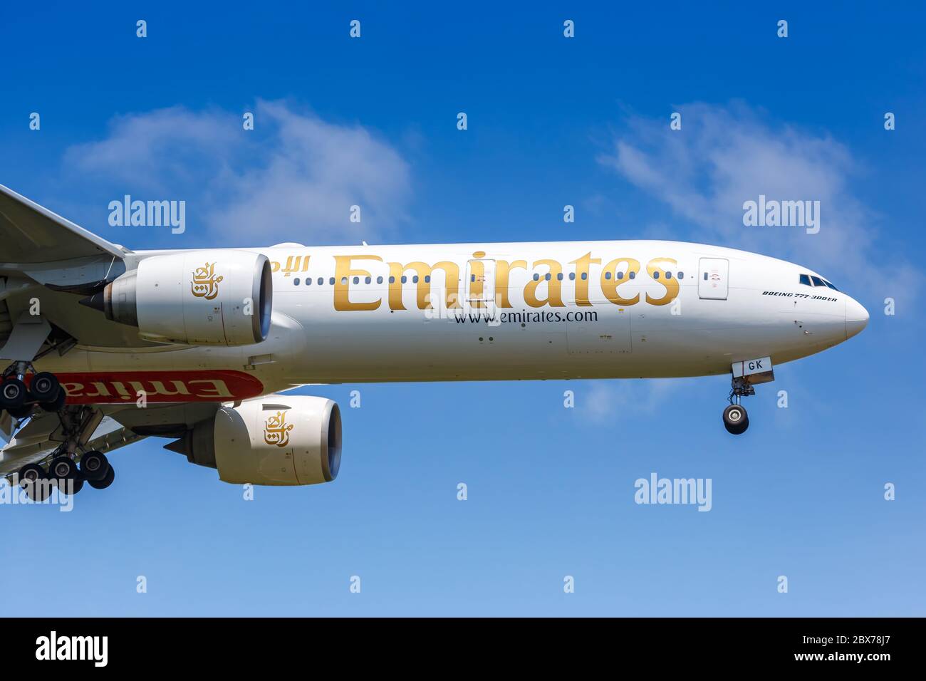 Frankfurt, Germany - May 27, 2020: Emirates Boeing 777-300ER airplane at Frankfurt airport (FRA) in Germany. Boeing is an American aircraft manufactur Stock Photo