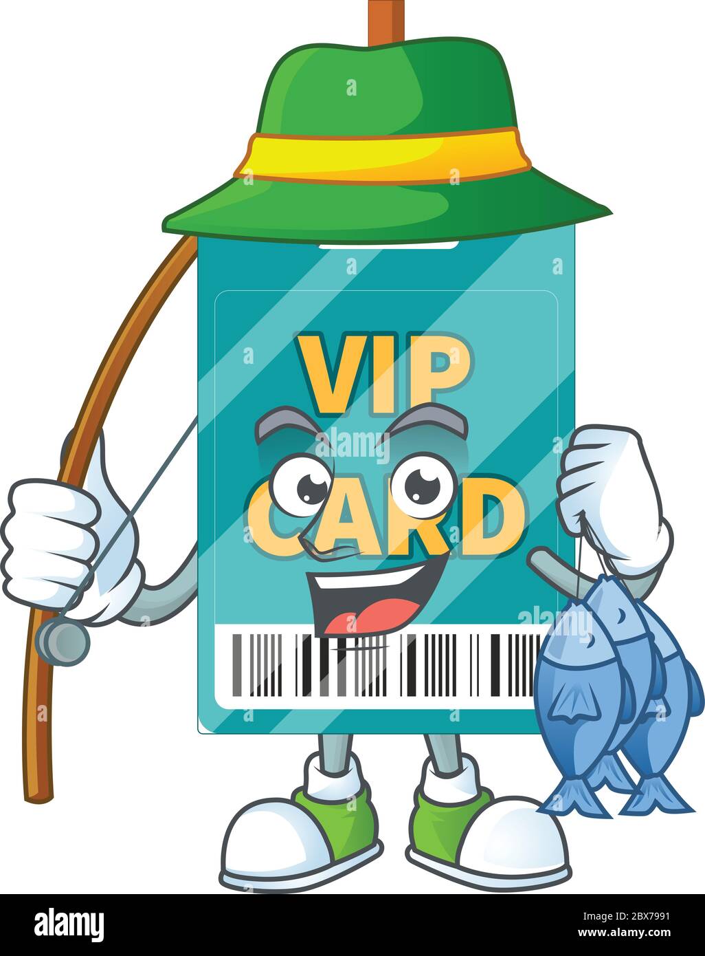 A Caricature picture of VIP pass card fisher succeed catch a fish Stock Vector