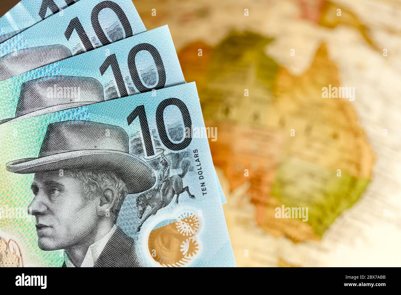 New Australian money over blurred map background Stock Photo