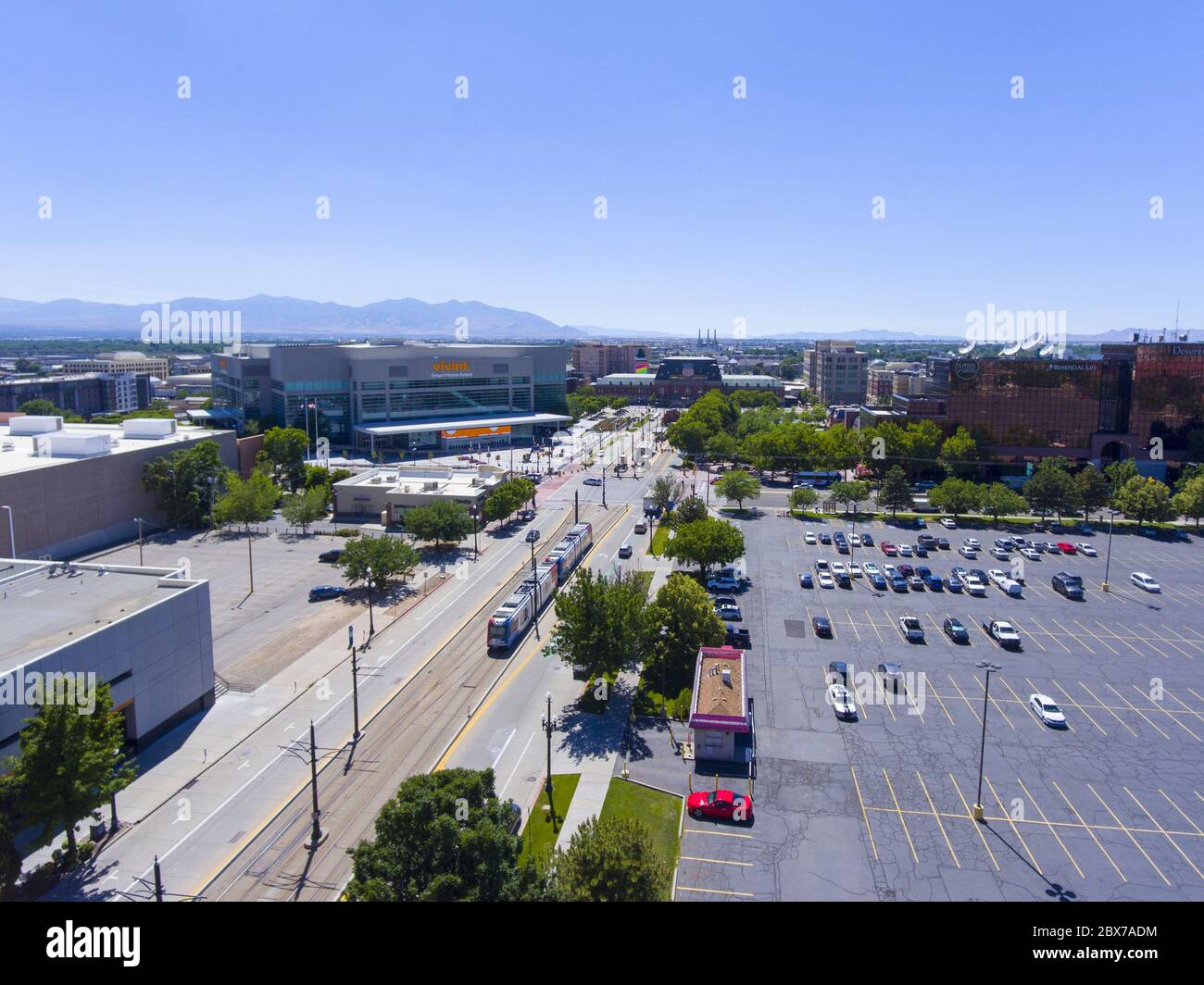 Vivint Smart Home Arena and Union Pacific Depot in Salt Lake City, Utah, USA. It is the home of Utah Jazz and and the figure skating arena. Stock Photo