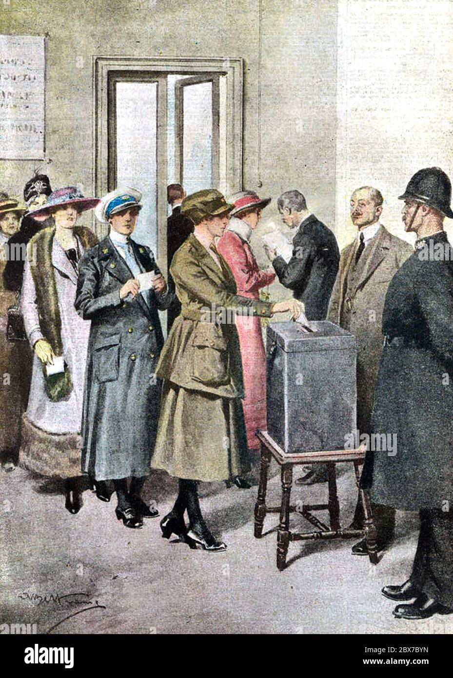 BRITISH GENERAL ELECTION 1918. First election in which women over the age of 30 and men over 21, could vote. Illustration from a French magazine. Stock Photo