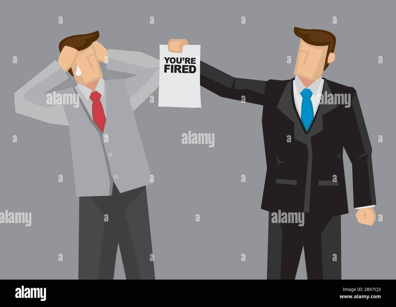 Cartoon businessman hands a termination notice saying You are Fired to his employee. Vector illustration on involuntary layoff concept isolated on gre Stock Vector