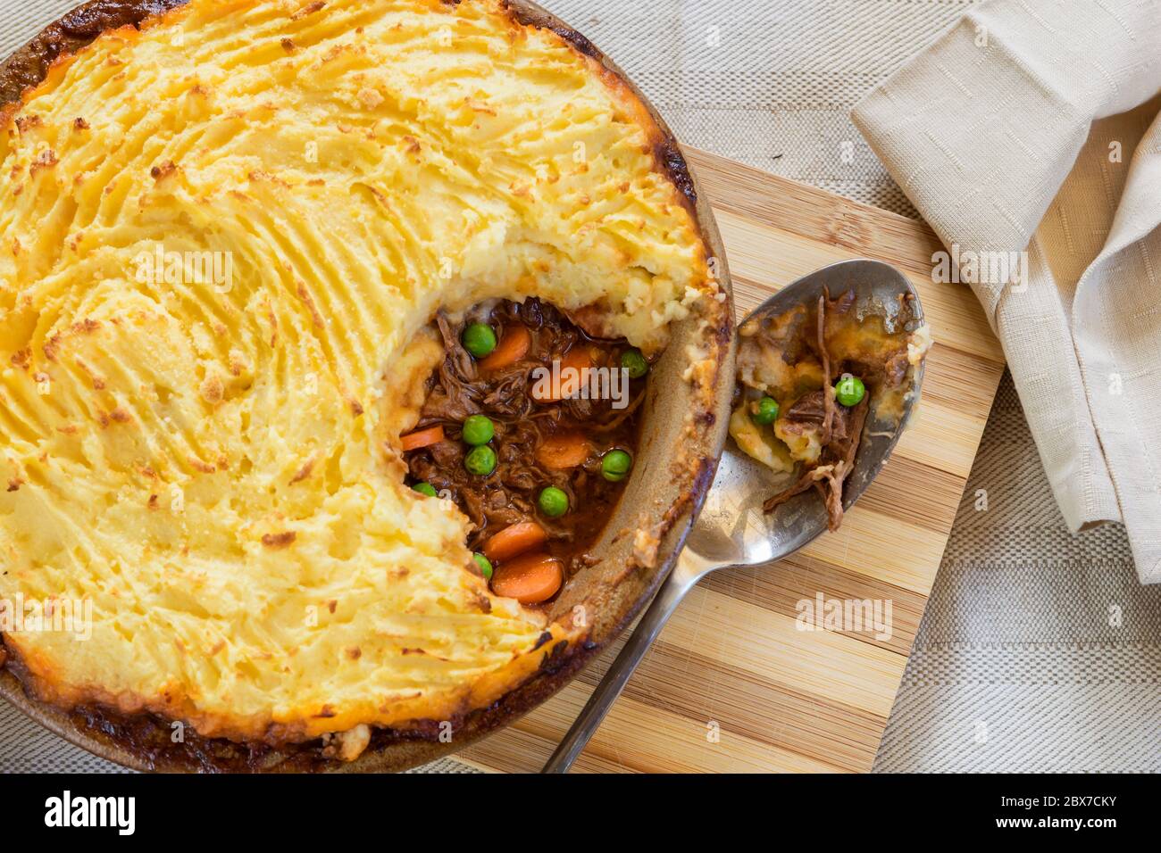 Cottage pie with slowcooked lamb and vegetables. Top view Stock Photo