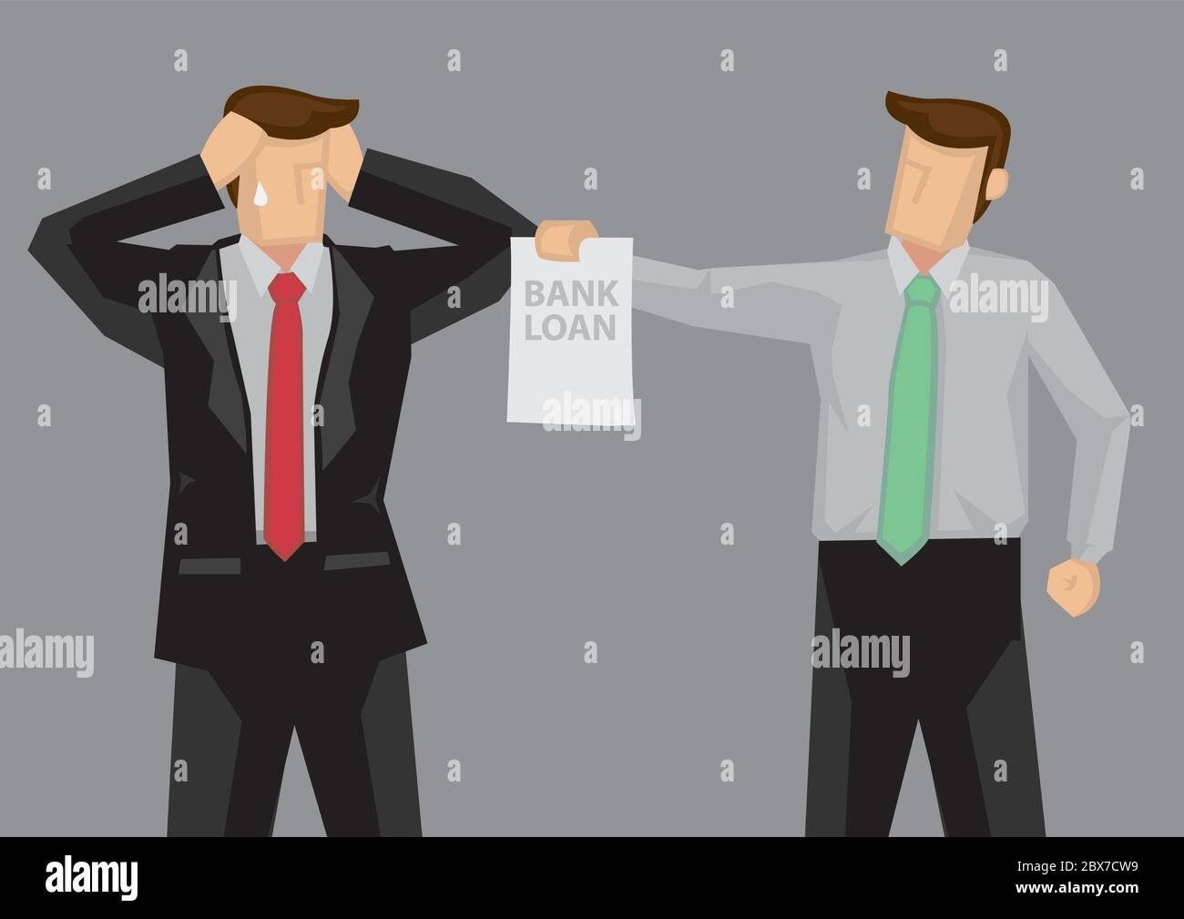 Businessman stressed out by confronting creditor holding bank loan contract. Vector cartoon characters illustration on economic and financial concept Stock Vector