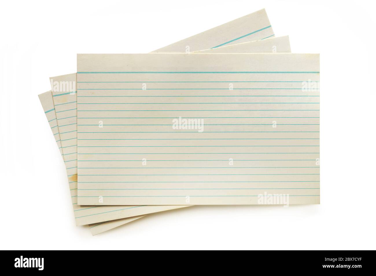 Old index cards isolated on white with soft shadow. Stock Photo
