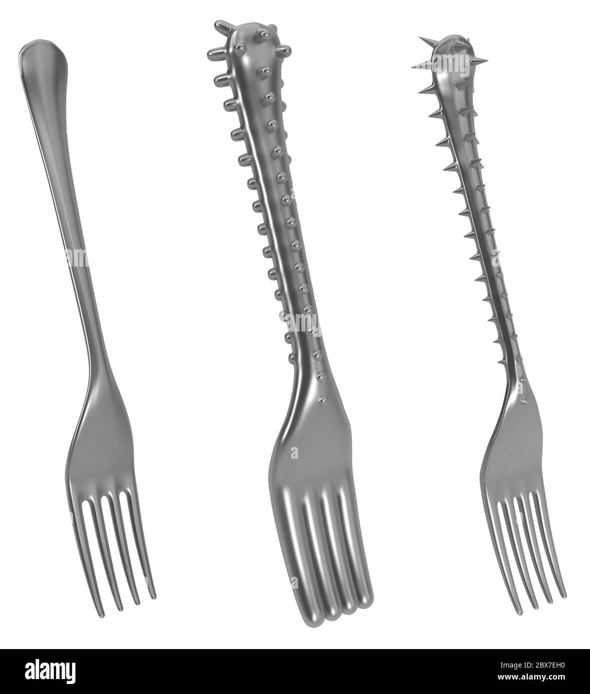 Fork handle covered in sharp spikes, one inflated bloated, metaphor 3d