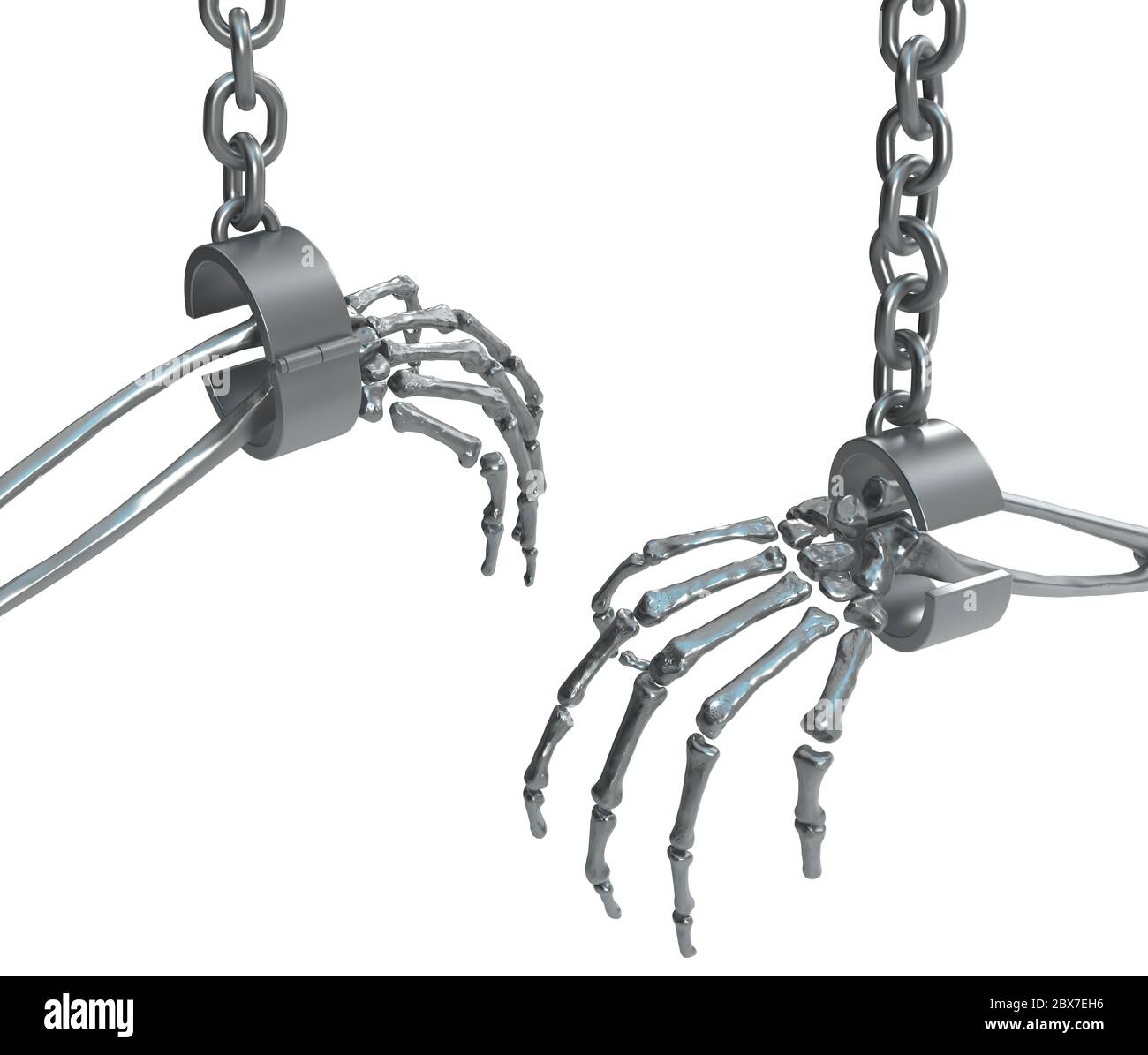 Skeleton arm metal shackle hanging, isolated, 3d illustration, horizontal, over white Stock Photo