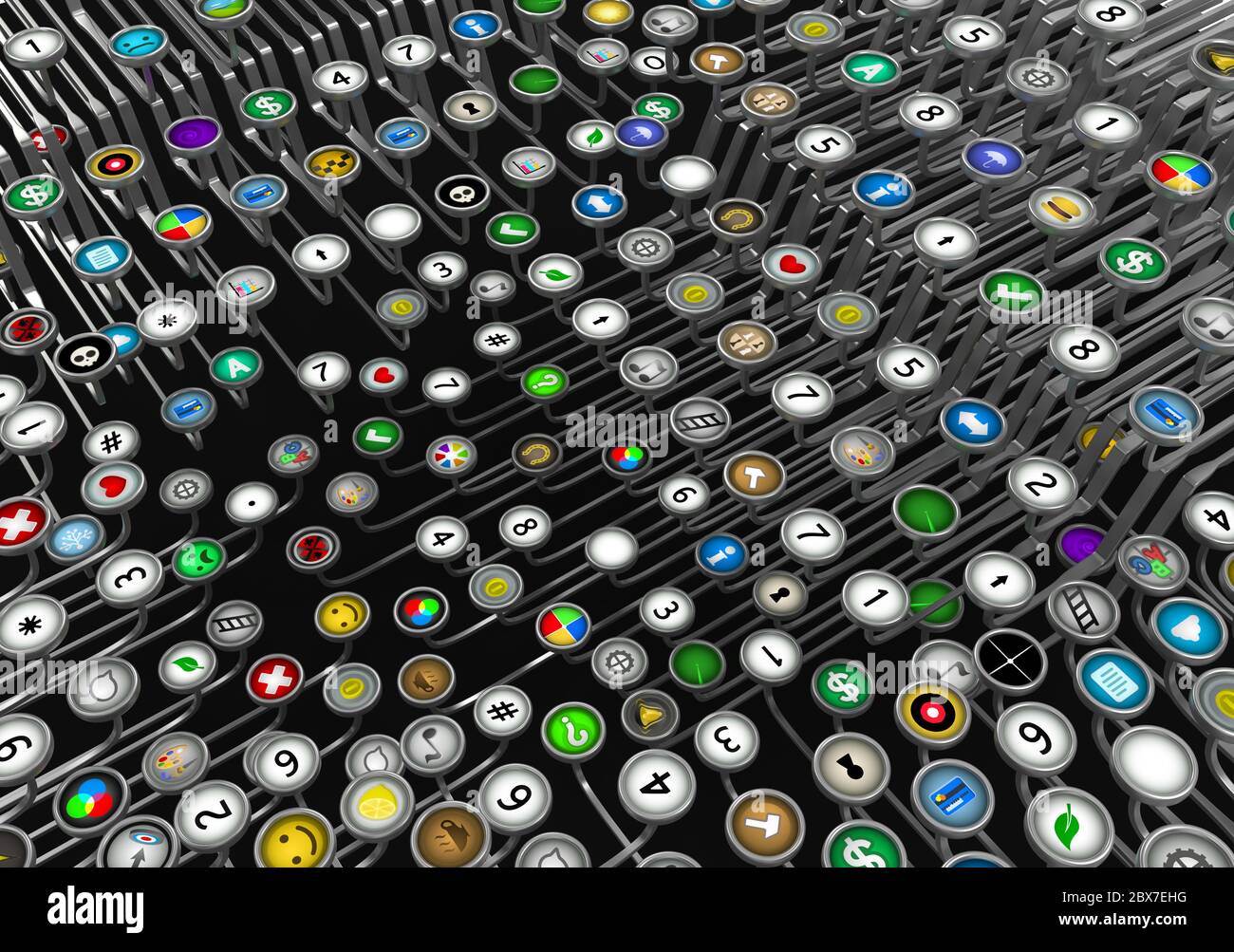 Typewriter metal buttons many random symbols mixed, 3d illustration ...