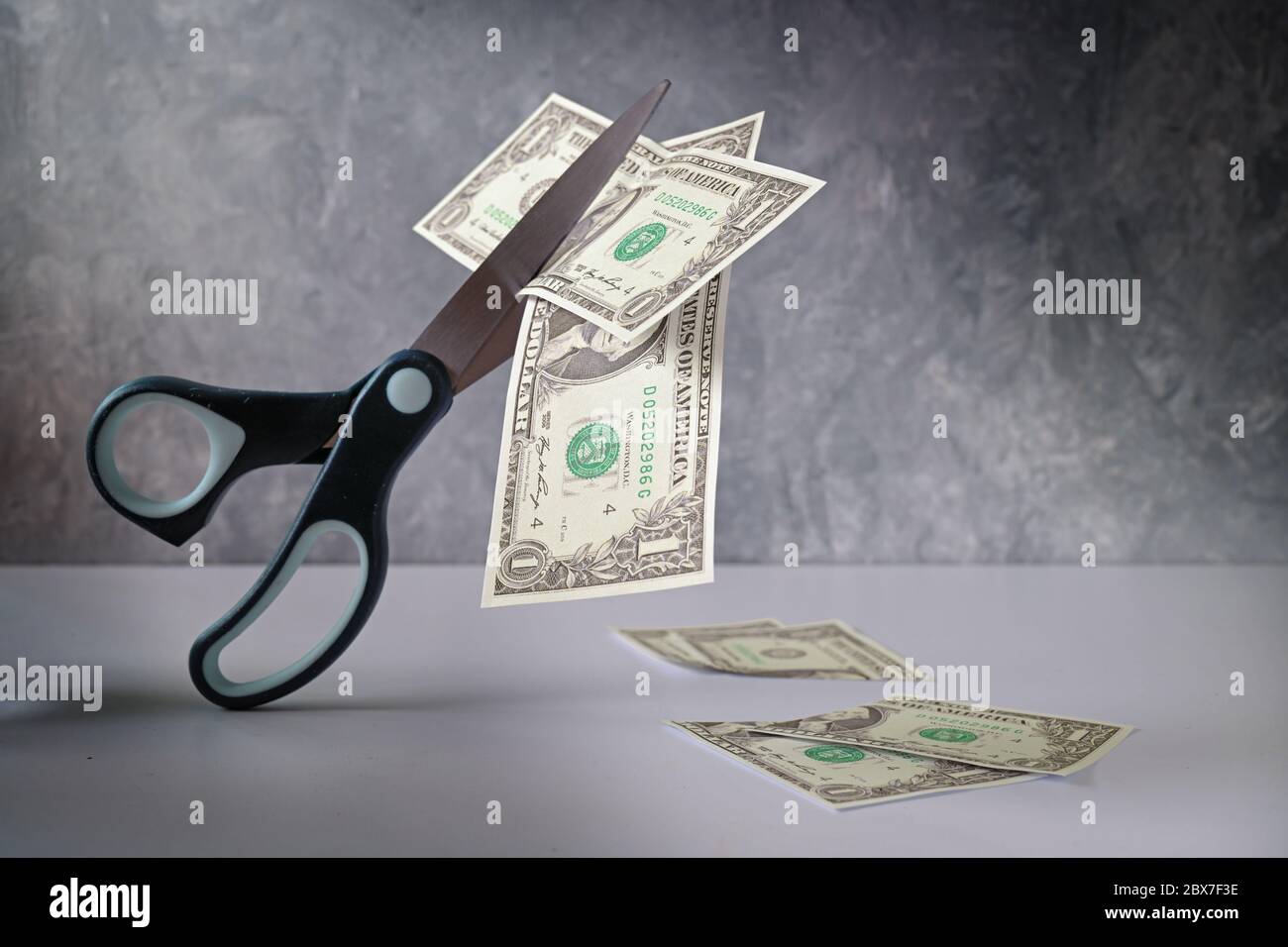 Business concept, one Dollar banknote is cut with scissors, metaphor for income reduction during coronavirus crisis, gray background, copy space, sele Stock Photo