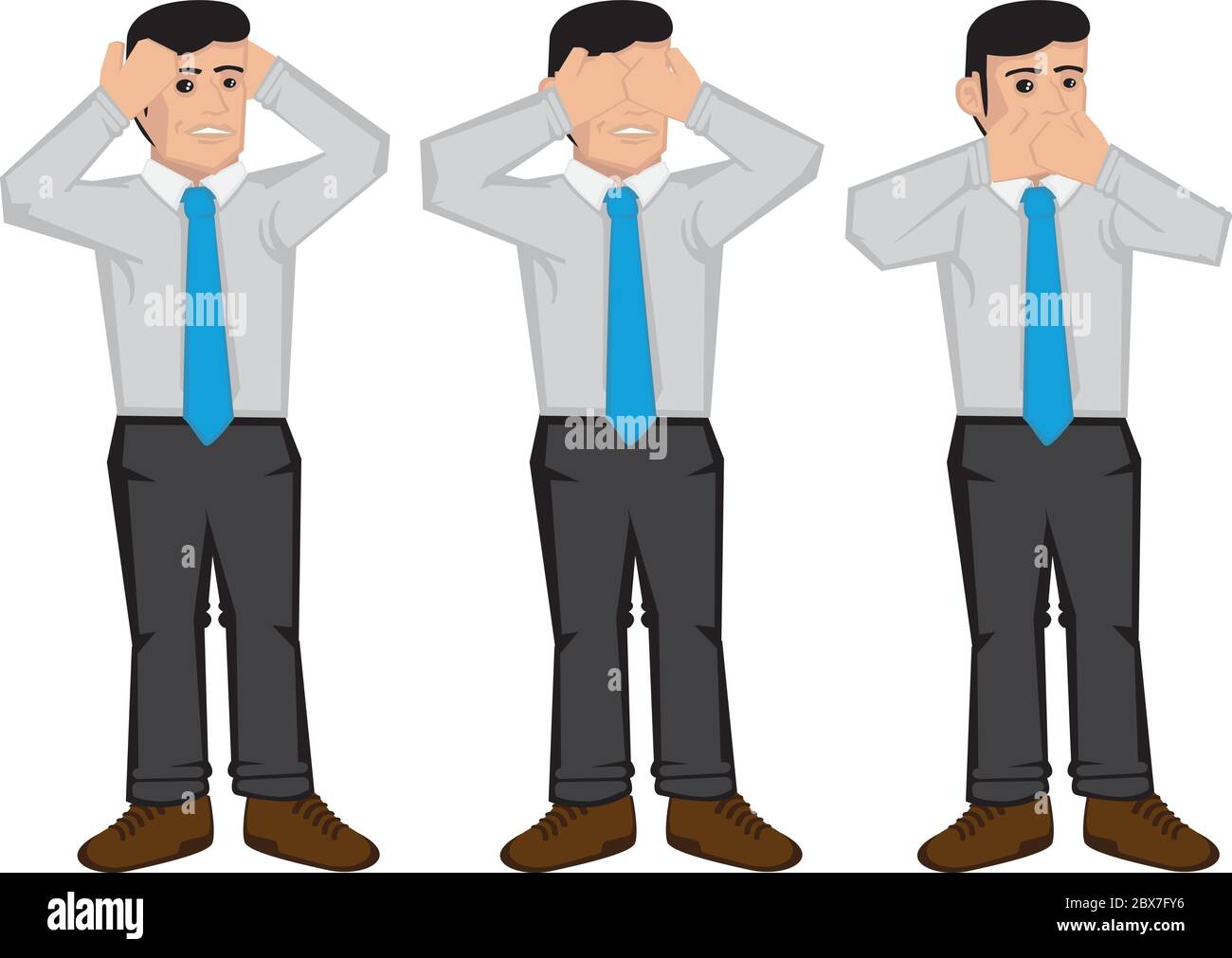Vector illustration of businessman using hands to cover ears, eyes and mouth isolated on white