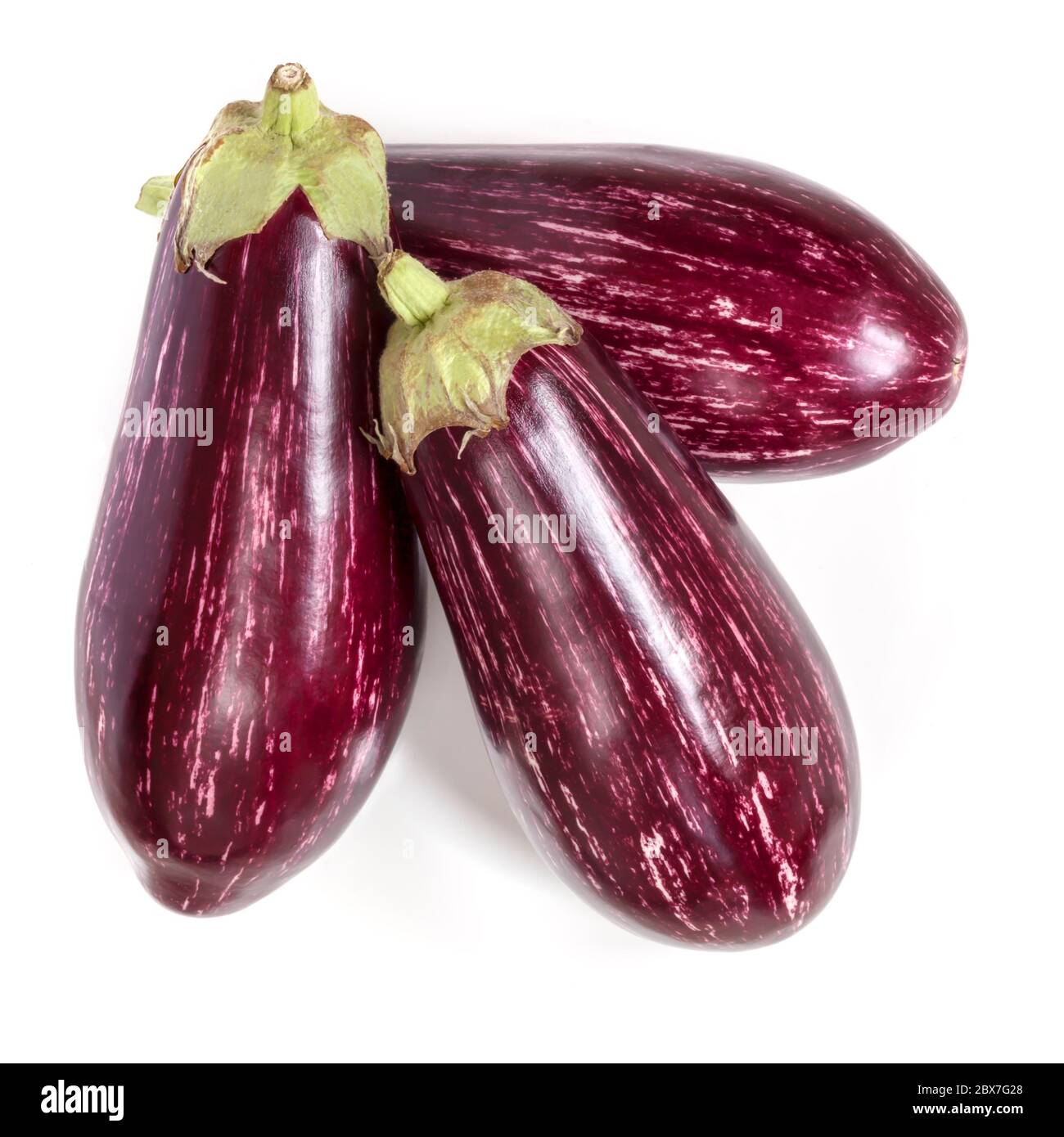 Graffiti eggplants isolated on white.  Top view. Stock Photo