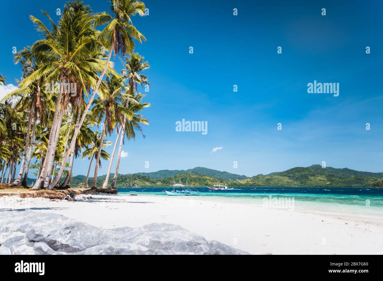 Ipil beach with coconut palm trees, sandy beach and blue ocean. El Nido