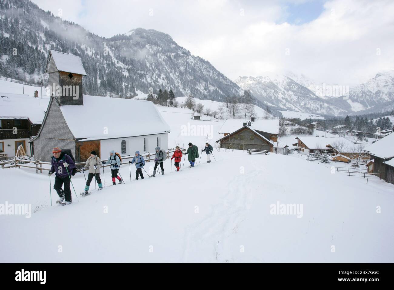 SNOWSHOE HIKE IN BAVARIA Stock Photo