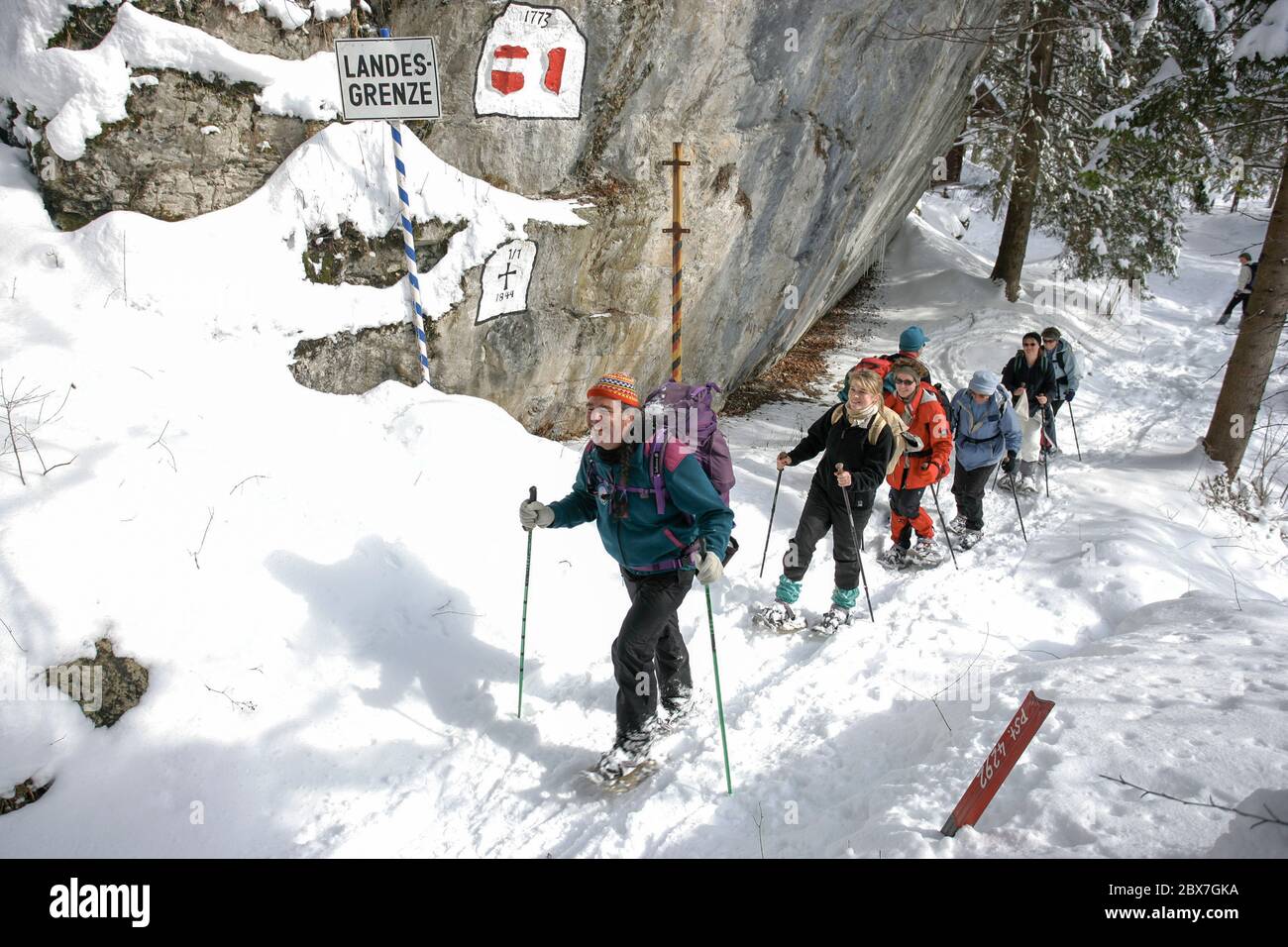 SNOWSHOE HIKE IN BAVARIA Stock Photo