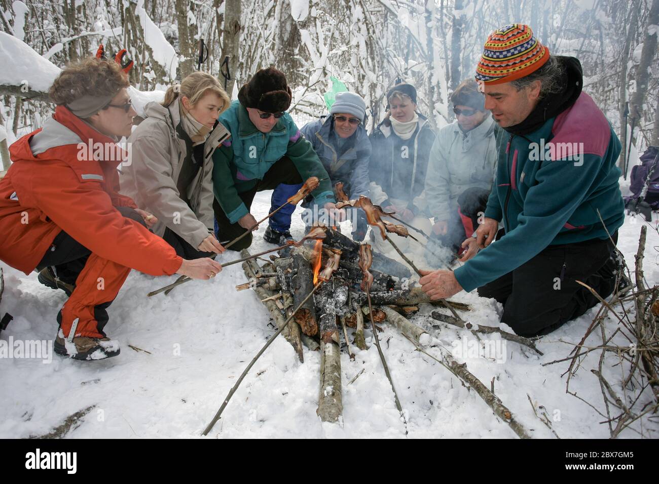 SNOWSHOE HIKE IN BAVARIA Stock Photo