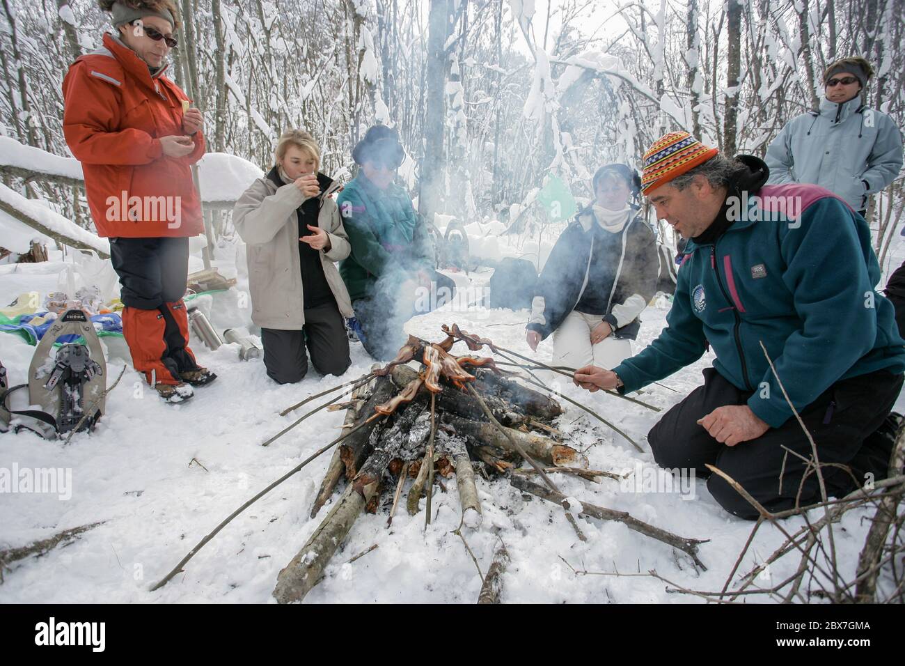 SNOWSHOE HIKE IN BAVARIA Stock Photo