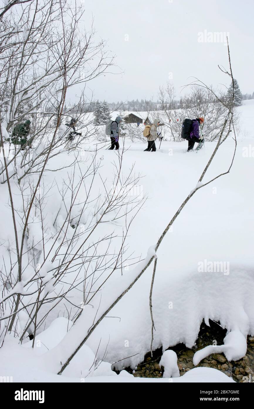 SNOWSHOE HIKE IN BAVARIA Stock Photo