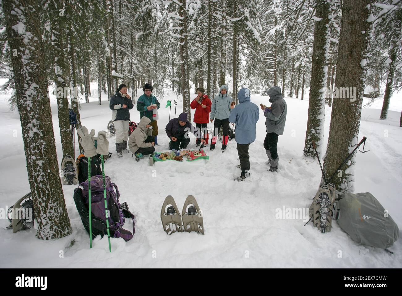 SNOWSHOE HIKE IN BAVARIA Stock Photo