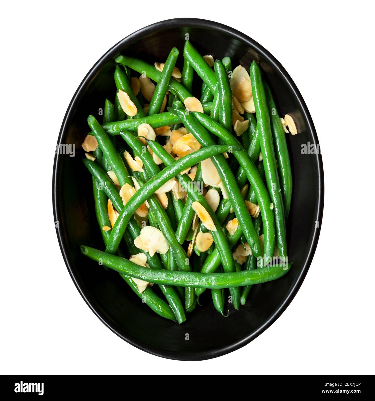 Green beans with toasted almonds, in black bowl. Isolated on white, top