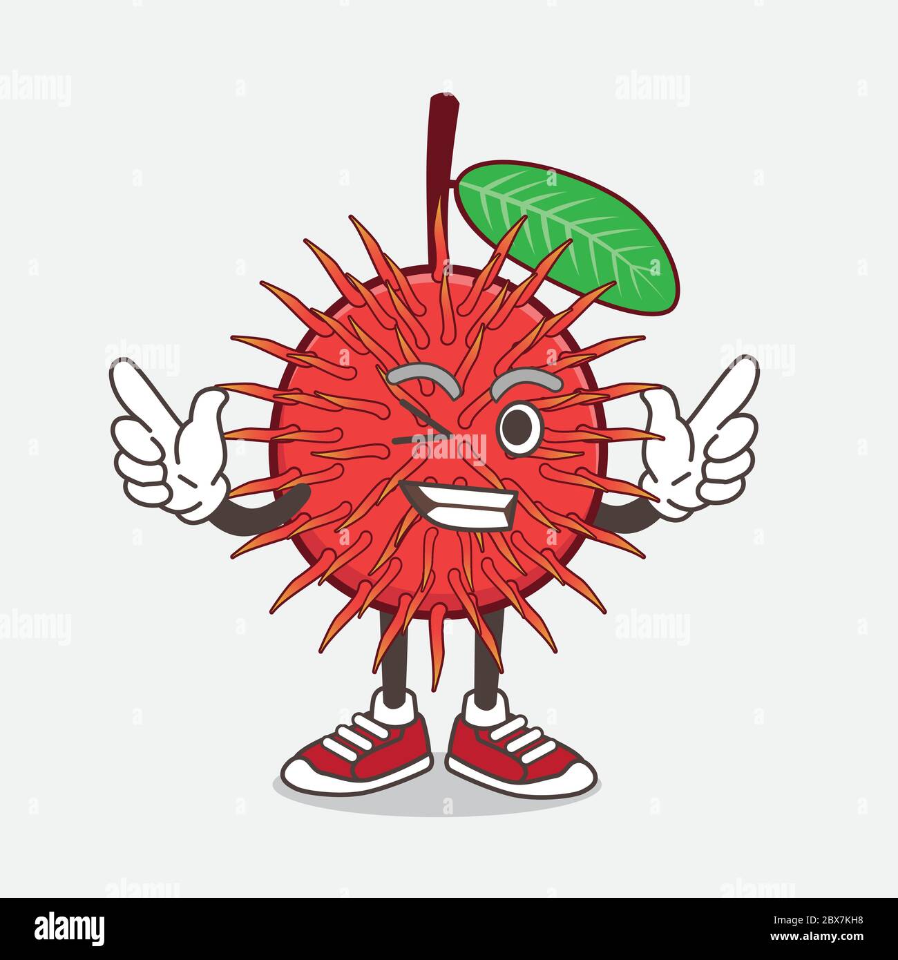 An illustration of Rambutan Fruit cartoon mascot character with Winking eye Stock Vector