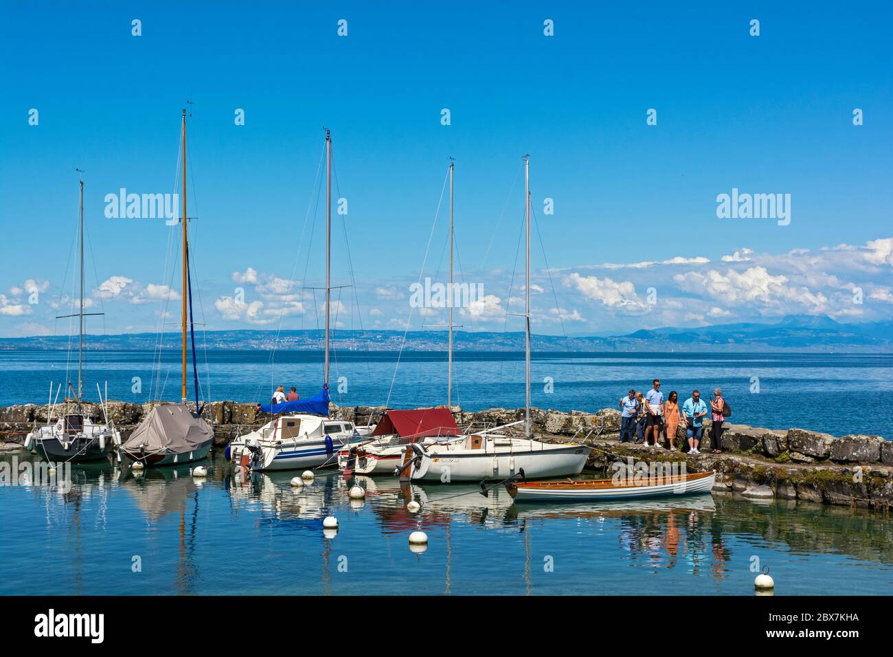 France, Yvoire, Port des Pecheurs (fishermen's harbor), Lake Geneva (Lac Leman), small sailboats Stock Photo