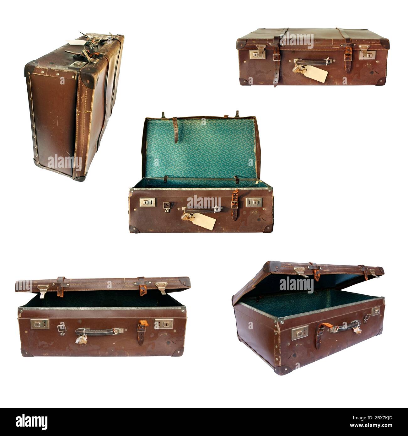 Vintage suitcase collage on white.  Open, closed, front and side views. Stock Photo