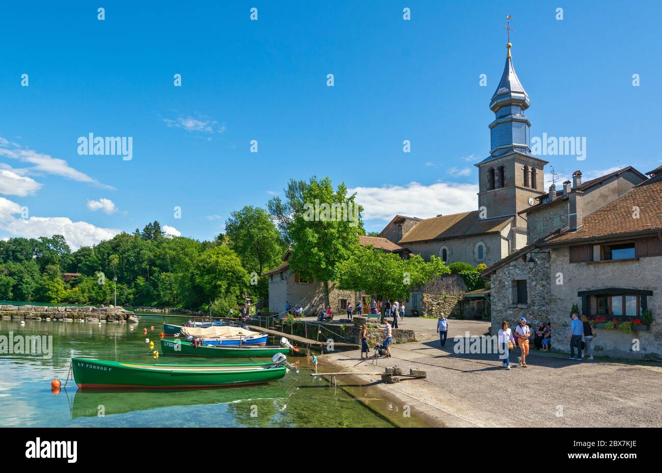 France, Yvoire, Port des Pecheurs (fishermen's harbor), Lake Geneva (Lac Leman), St. Pancrace chuirch Stock Photo