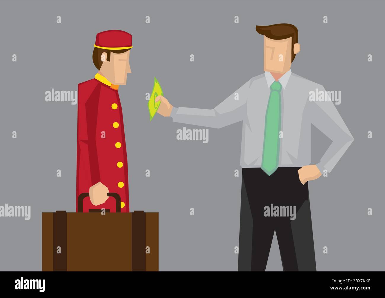 Satisfied customer giving a dollar note as tip to hotel porter for carrying his luggage. Vector illustration illustration isolated on grey background. Stock Vector
