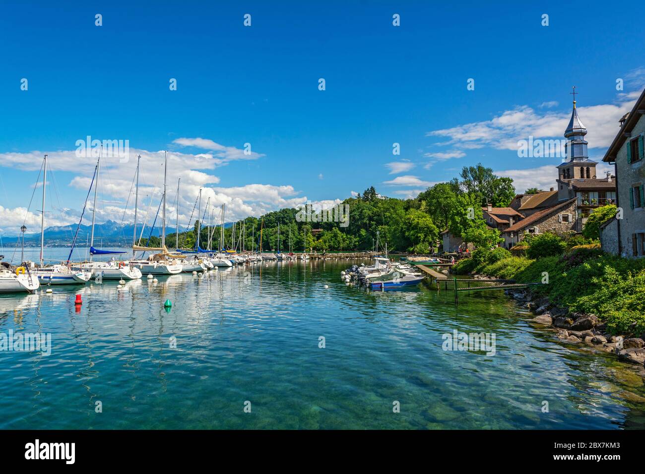 France, Yvoire, Port des Pecheurs (fishermen's harbor), Lake Geneva (Lac Leman), St Pancrace church Stock Photo