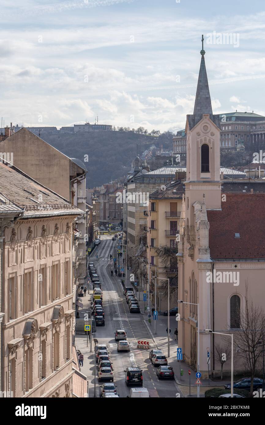 Budapest, Hungary - Feb 10, 2020: Street view of buda hill with buda ...