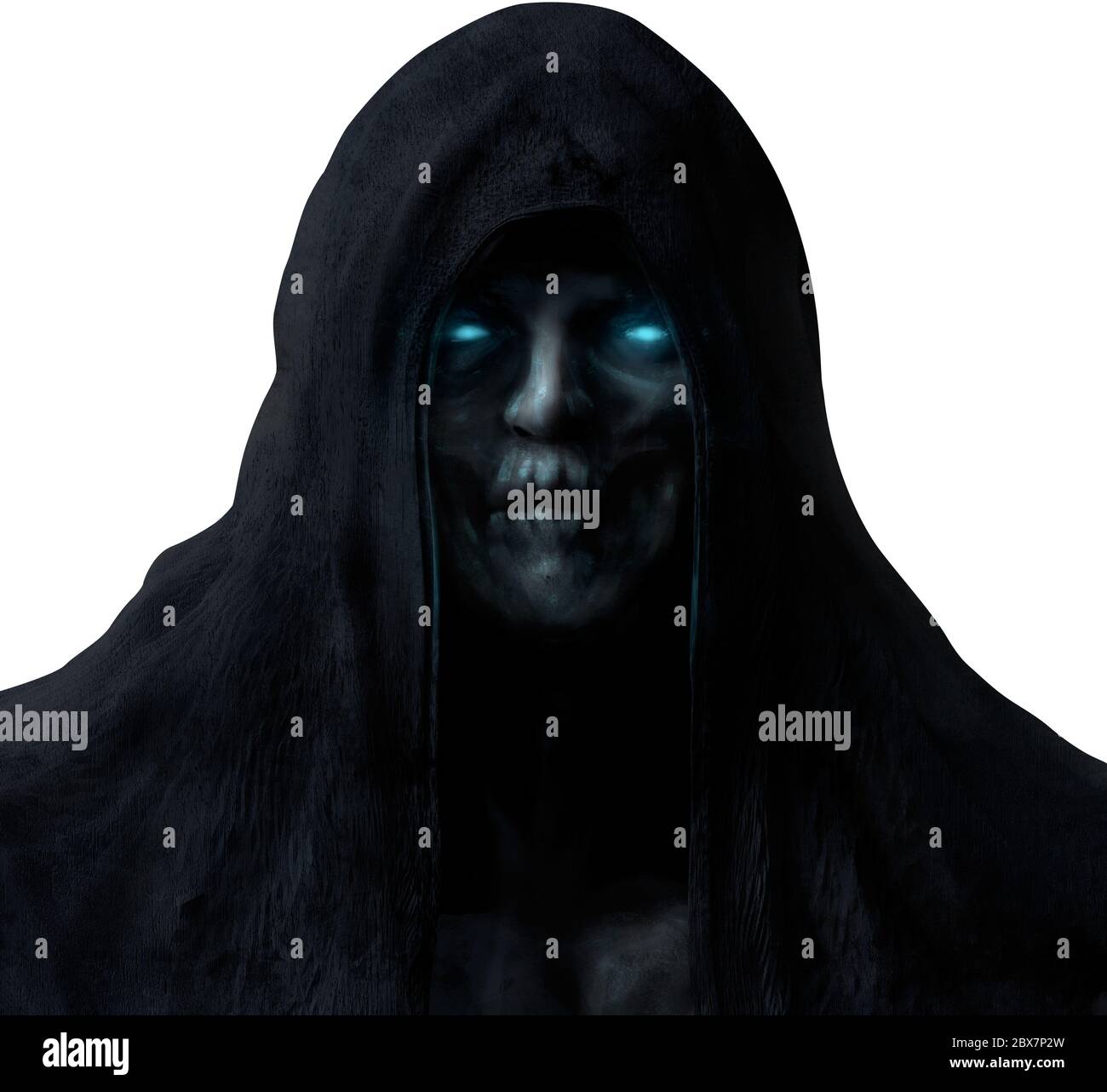 Grim reaper ghost face in black hood with glowing blue eyes isolated on  white background Stock Photo - Alamy, image size:1300x1282
