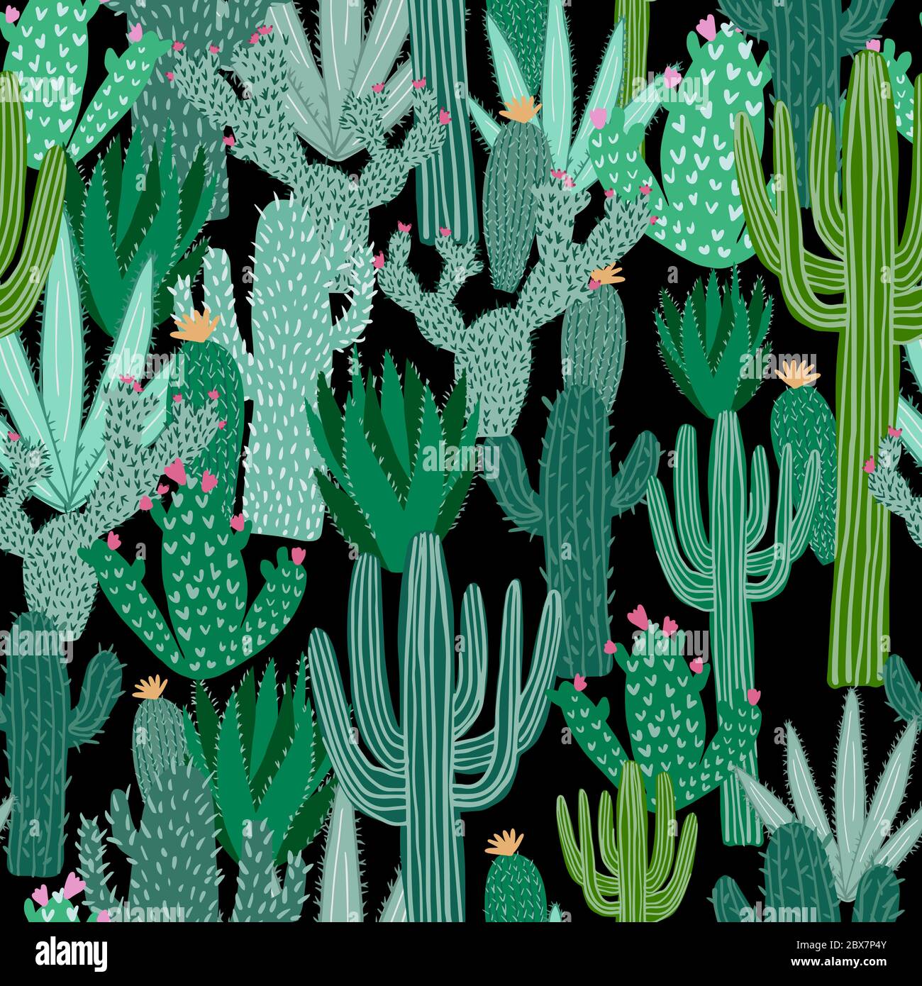 Cactus Seamless Pattern On Black Background Green Cacti Wallpaper Printing Textile Fabric Interior Wrapping Paper Vector Illustration Stock Vector Image Art Alamy