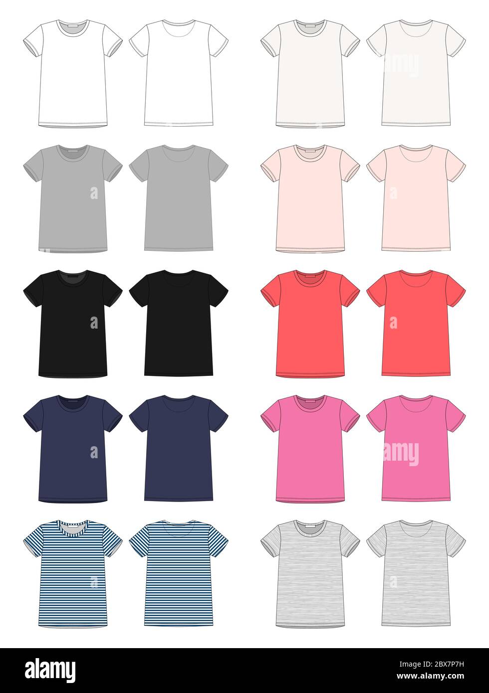 Download Set Of Technical Sketch Unisex T Shirt Design Template Front And Back View White Grey Black Blue Milk Pink Red Colors Melange And Stripes Fab Stock Vector Image Art Alamy