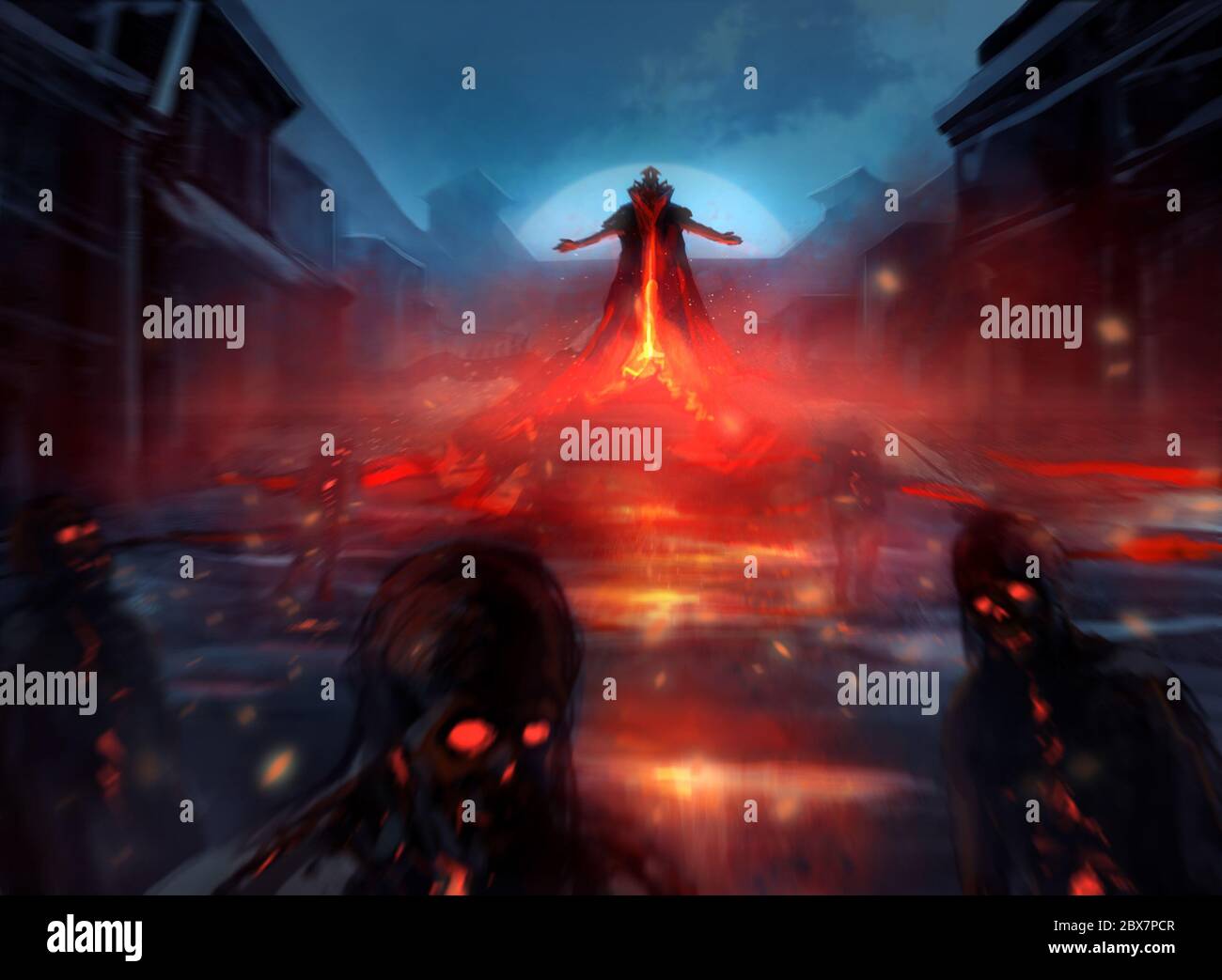 Illustration of a demon lord summoning evil zombie forces with fire effects and blurry mist. Stock Photo
