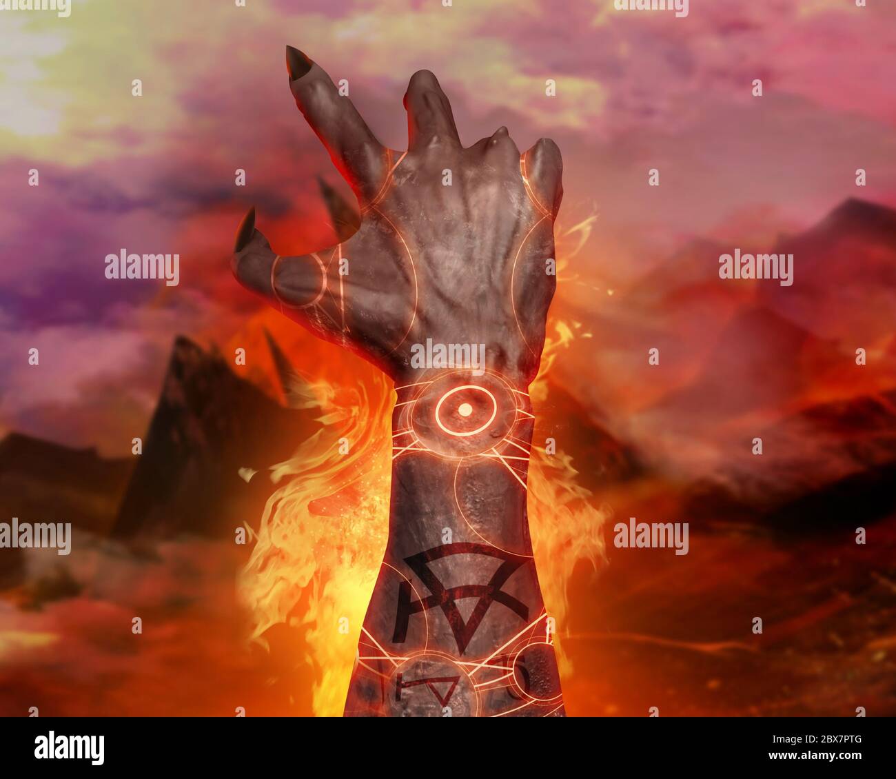 3d first person view artwork of a horror demonic hand with pentacle signs casting fire spell on a hellish landscape background. Stock Photo