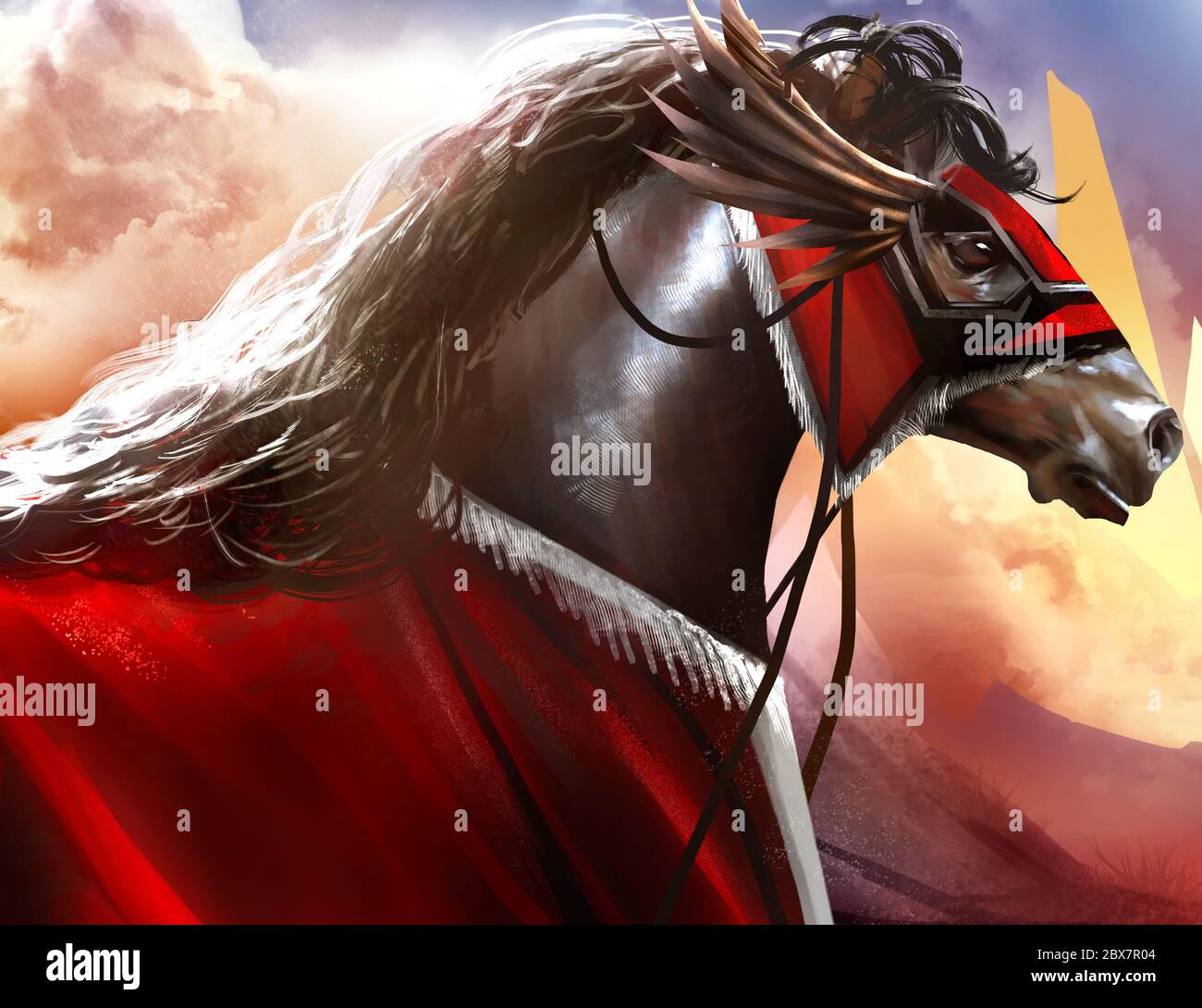 Fantasy battle horse with red hood profile and hills nature background art  illustration Stock Photo - Alamy