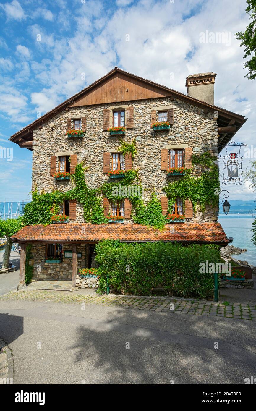 France, Yvoire, Hotel Restaurant du Port Stock Photo - Alamy