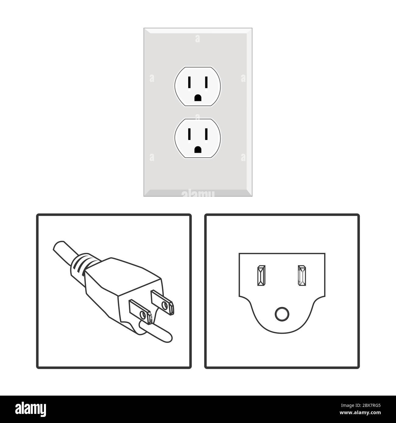 US socket and plug. Icon set. Three pin socket sheme isolated vector graphic illustration. simple diagram electrical appliance plug Stock Vector