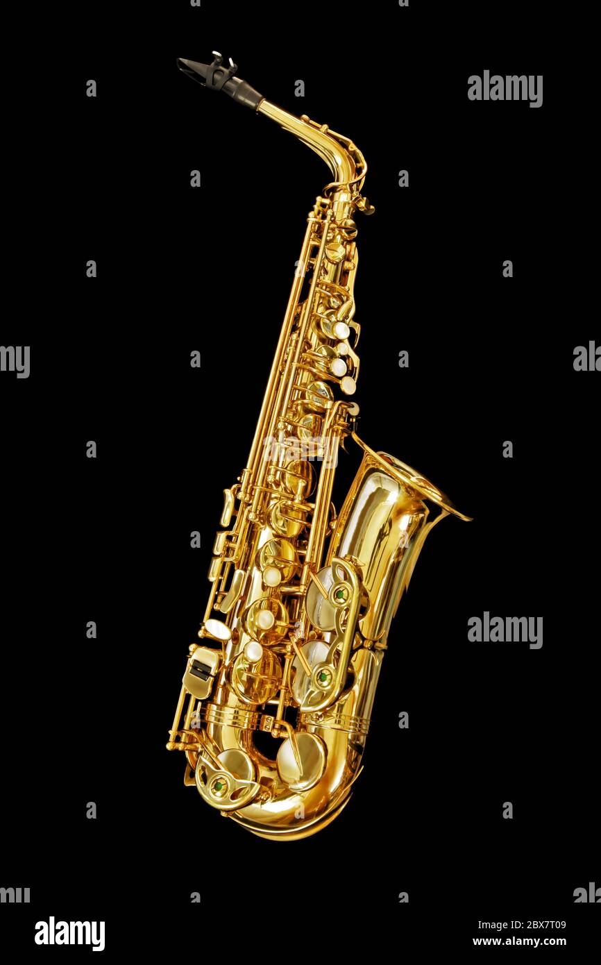 Saxophone isolated on black background. Stock Photo