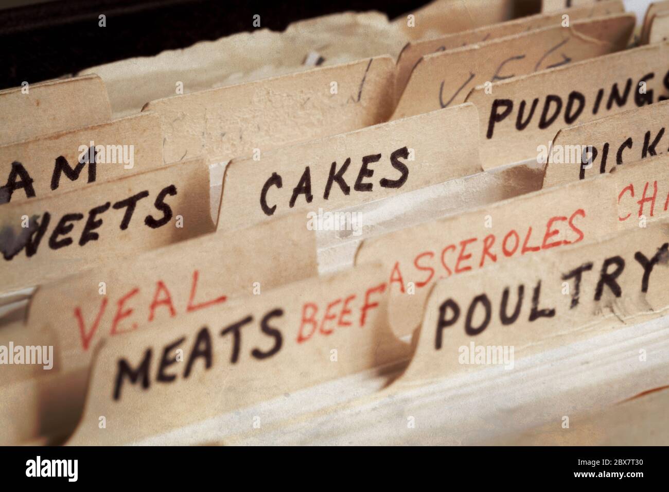 Old recipe box, with sections for cakes, meats, etc. Stock Photo