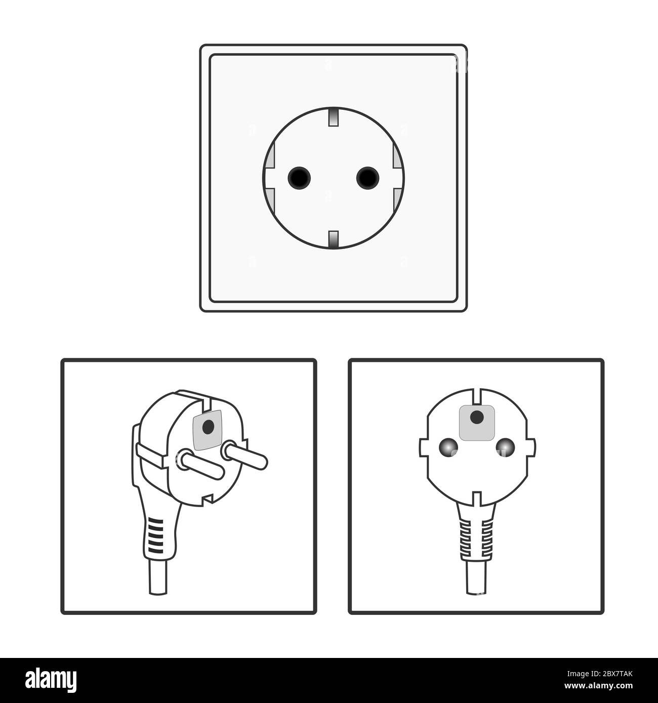 Euro socket and plug. Icon set. Two 2 pin socket sheme isolated vector graphic illustration. simple diagram electrical appliance plug Stock Vector