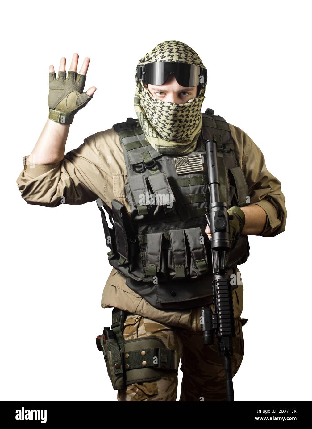 Isolated photo of a fully equipped military soldier standing with rifle ...