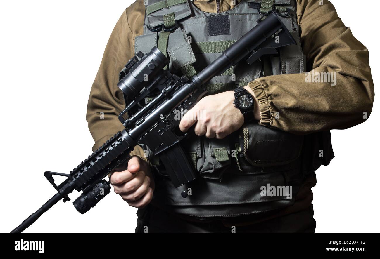 Isolated closeup photo of a fully equipped military soldier standing ...